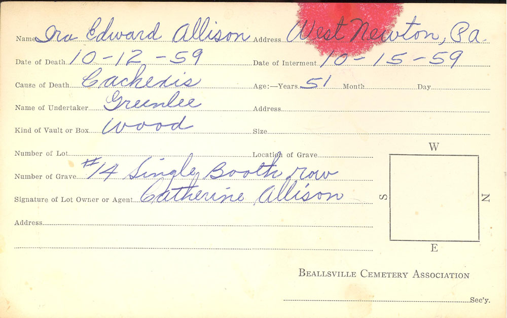 Ira Edward Allison burial card